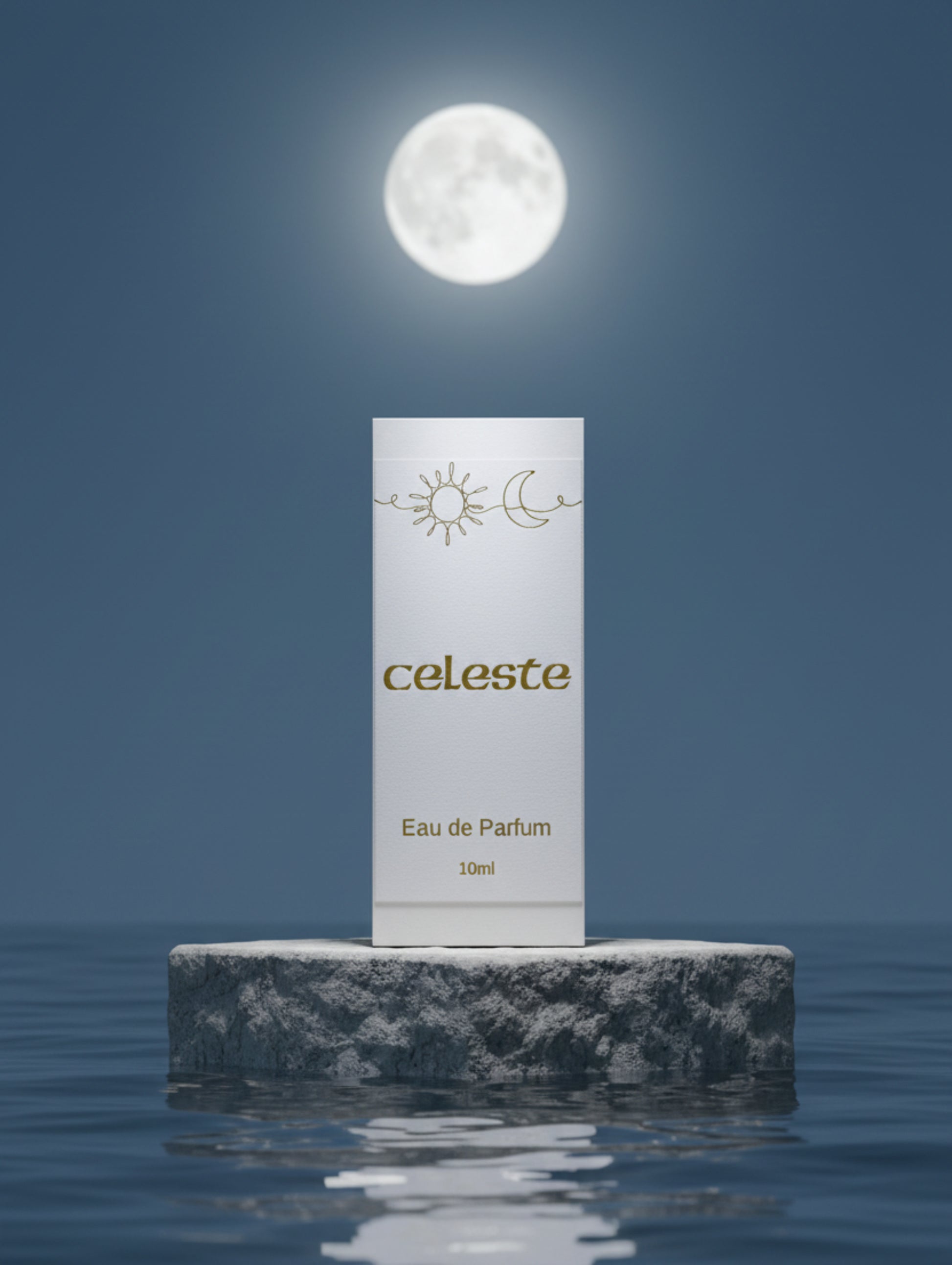 Celete Eau de Parfum packaging on a stone plinth in the moonlight