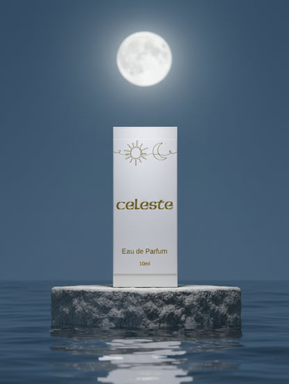 Celete Eau de Parfum packaging on a stone plinth in the moonlight