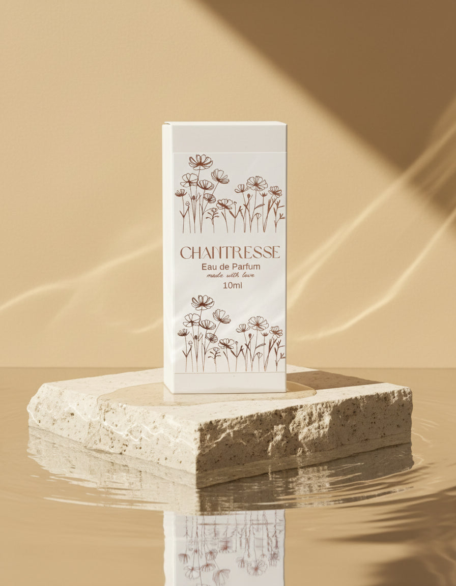Ghaitresse Eau de Parfum packaging with floral design on a white background