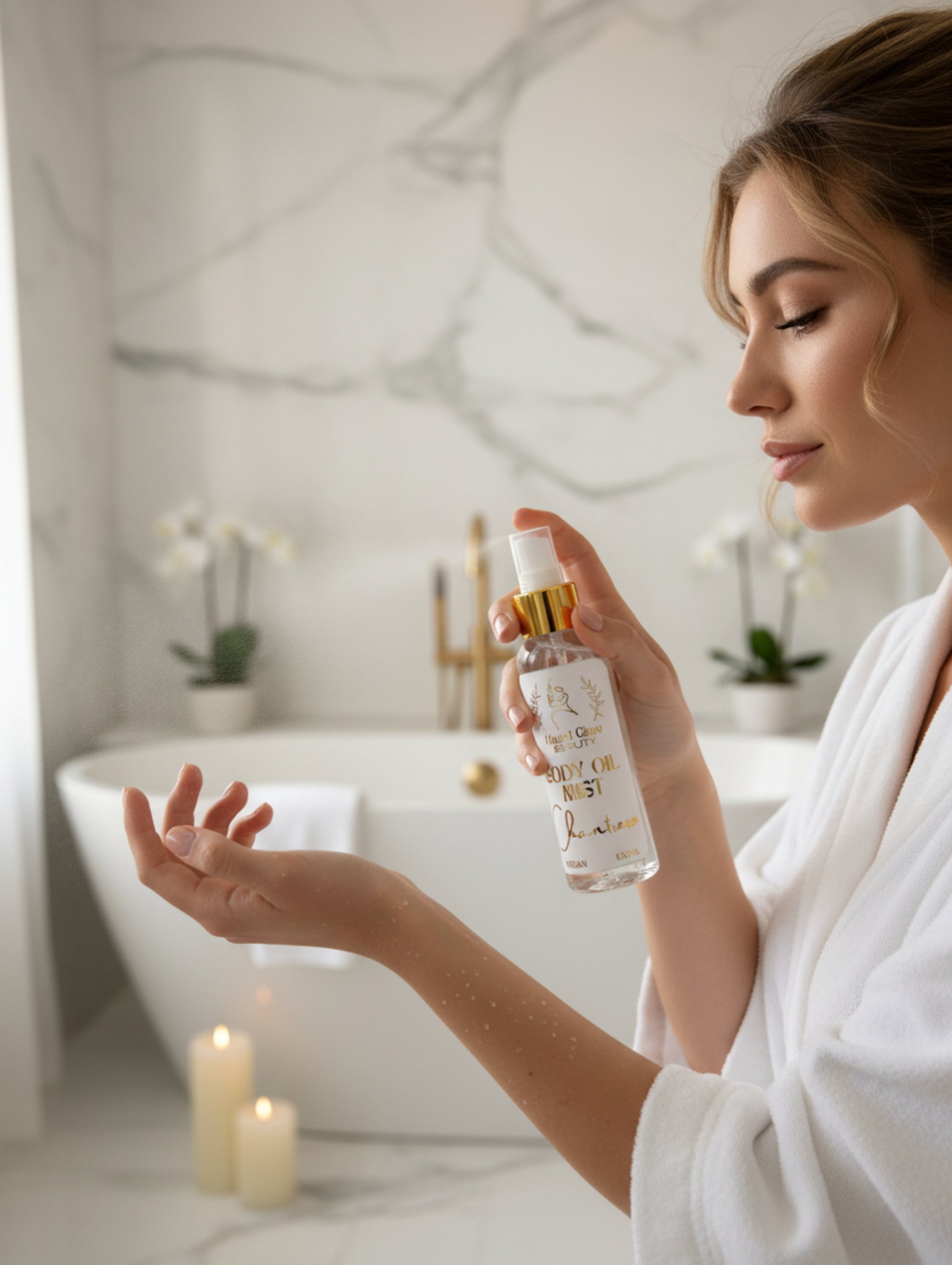 Chantresse body oil spray by Hazel Glow.  Woman spraying body oil on her arm in a luxury bathroom