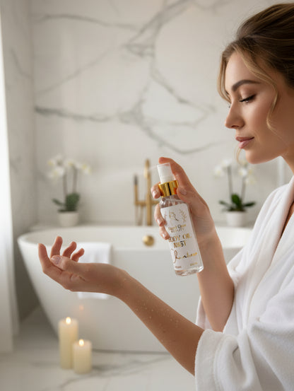Chantresse body oil spray by Hazel Glow.  Woman spraying body oil on her arm in a luxury bathroom