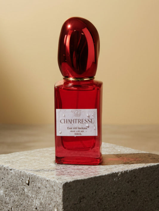 Chantresse vegan eau de parfum by Hazel Glow, Red bottle with gold foiled label