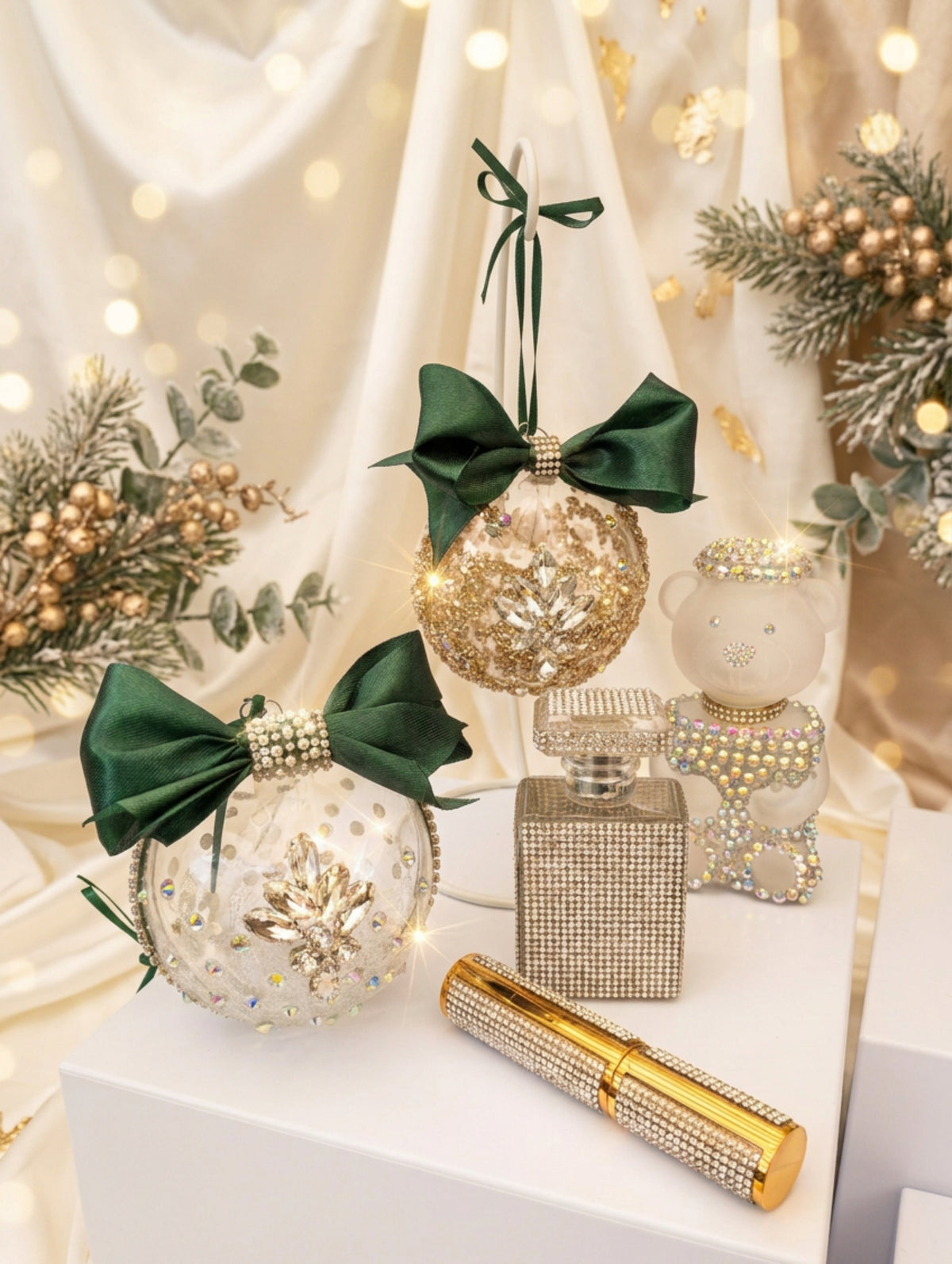 Hazel Glow hand decorated Christmas perfume baubles, diamante lip gloss, limited edition diamante perfume and bear shaped perfume bottle