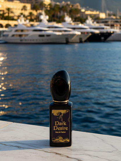 Vegan Perfume - Dark Desire 30ml, against a background of Monaco Harbour
