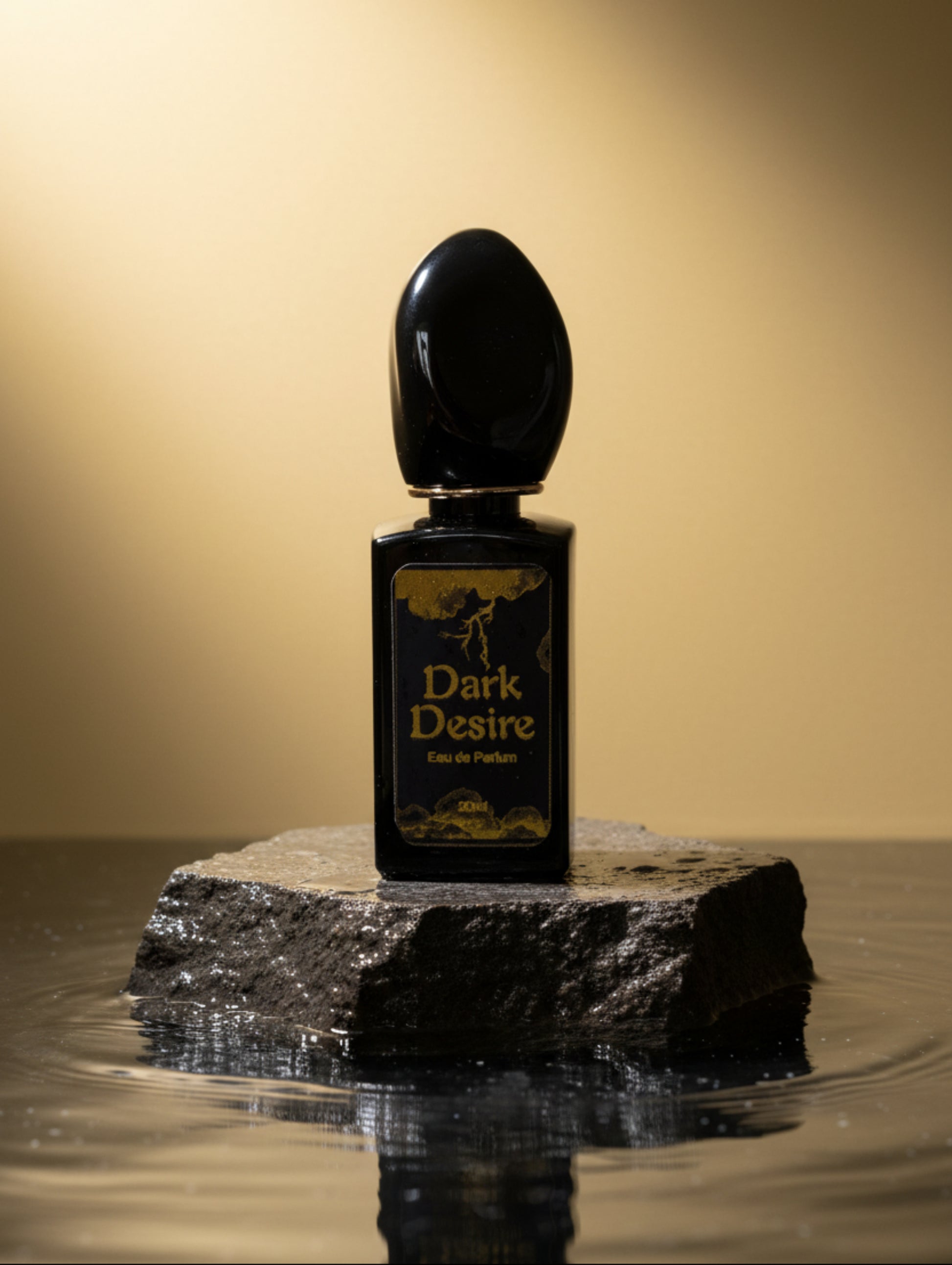 Vegan Perfume Dark Desire 30ml - black bottle on stone plinth in water