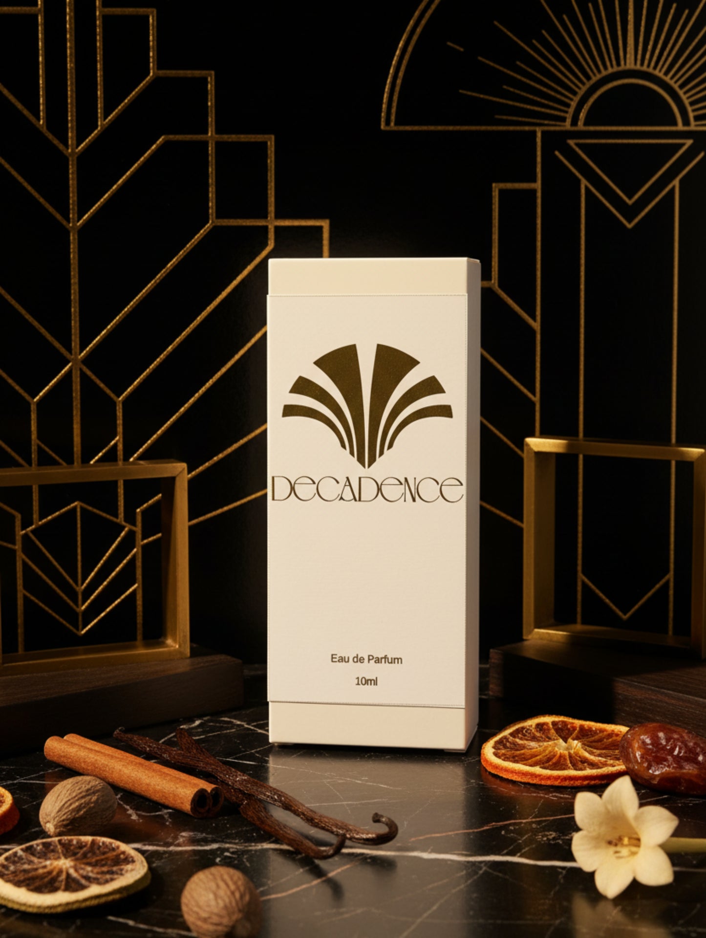 Decadence eau de parfum packaging against art deco background