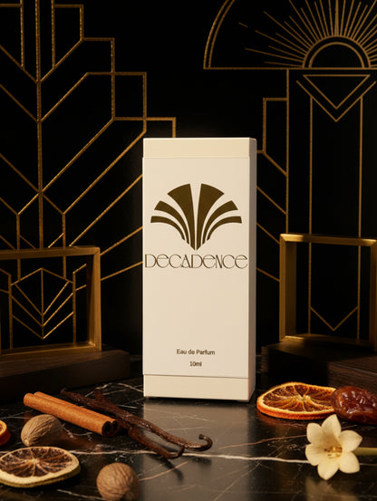 Decadence eau de parfum packaging against art deco background