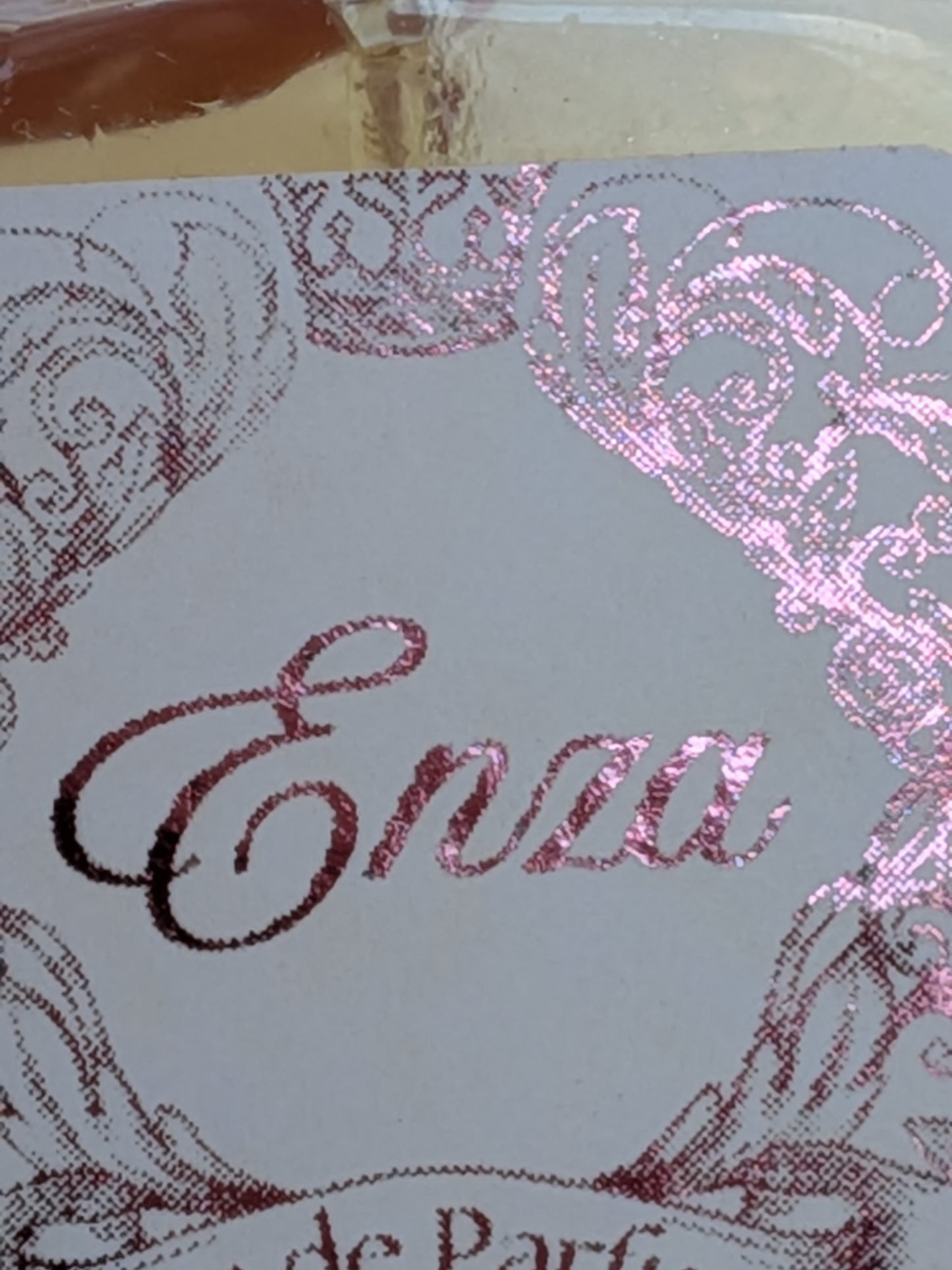 Close up detail of personalised perfume bottle label "Decorative Cartouche" - insert your name on the lable