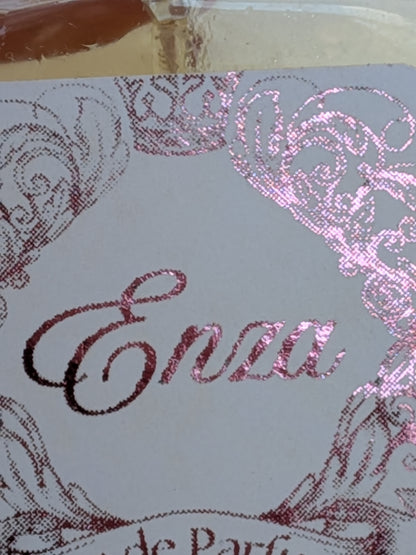 Close up detail of personalised perfume bottle label "Decorative Cartouche" - insert your name on the lable
