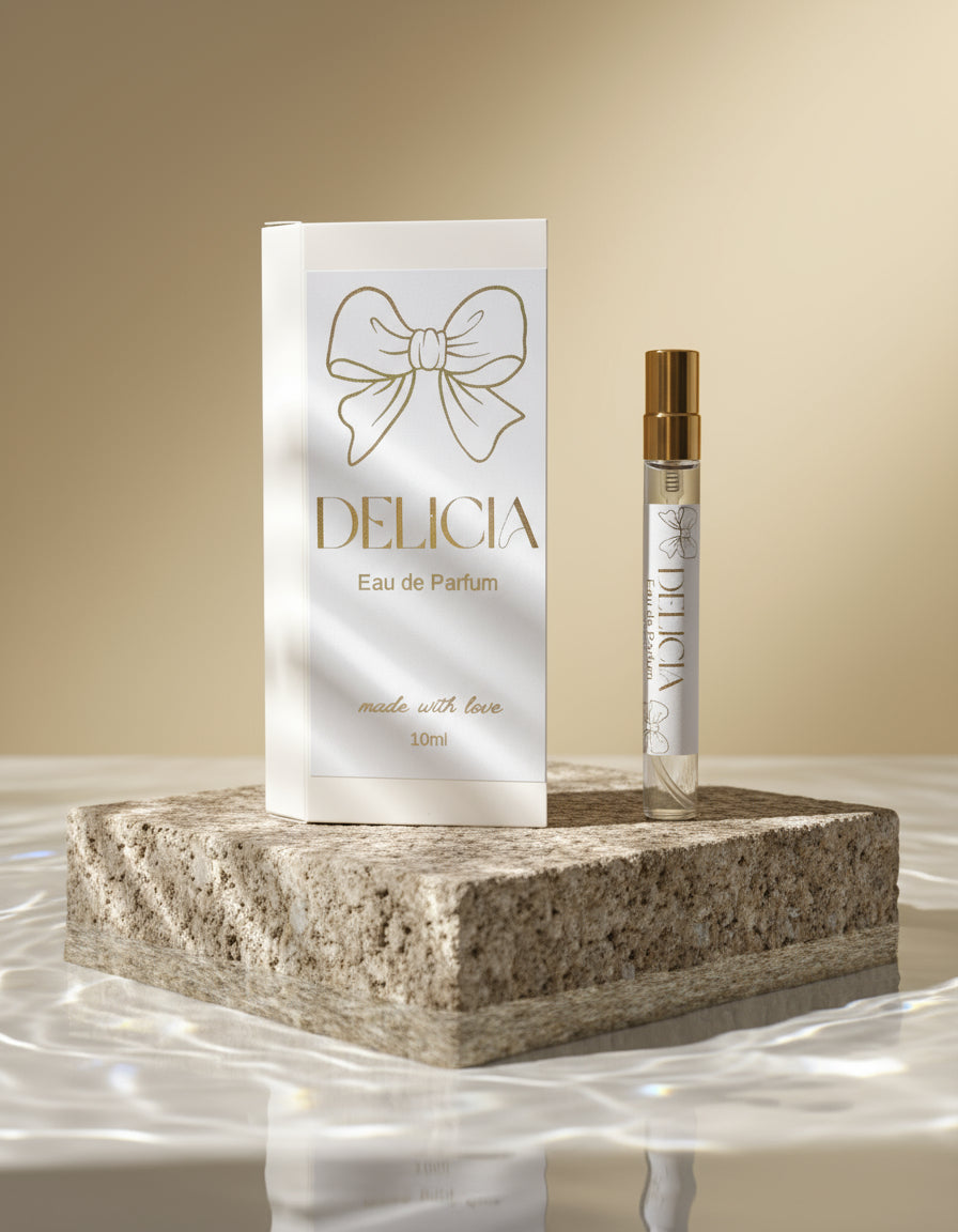 Delicia Eau de Parfum bottle and packaging with decorative elements on a surface.