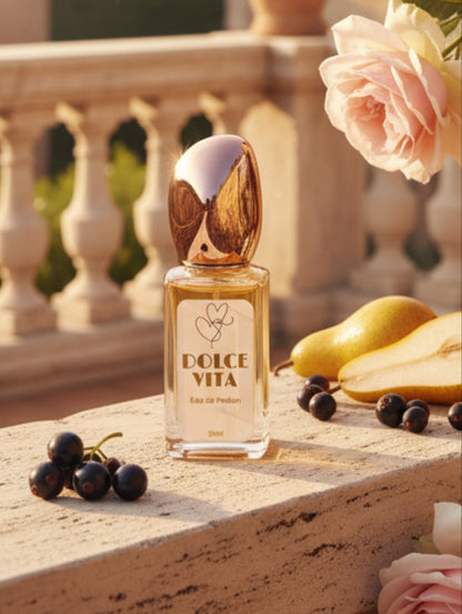 Vegan perfume Dolce Vita in rose gold bottle 30ml on a wall in Rome, by Hazel Glow