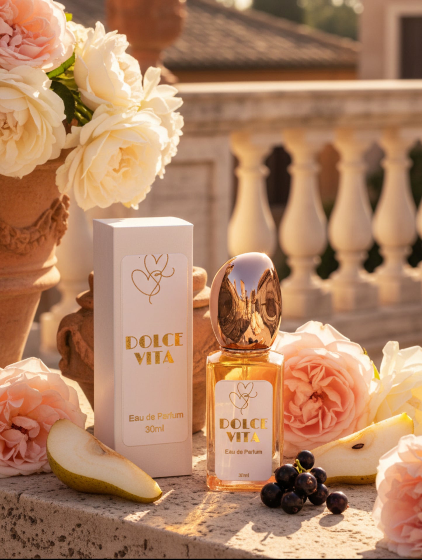 Dolce Vita vegan perfume, beautiful rose gold bottle with roses by Hazel Glow