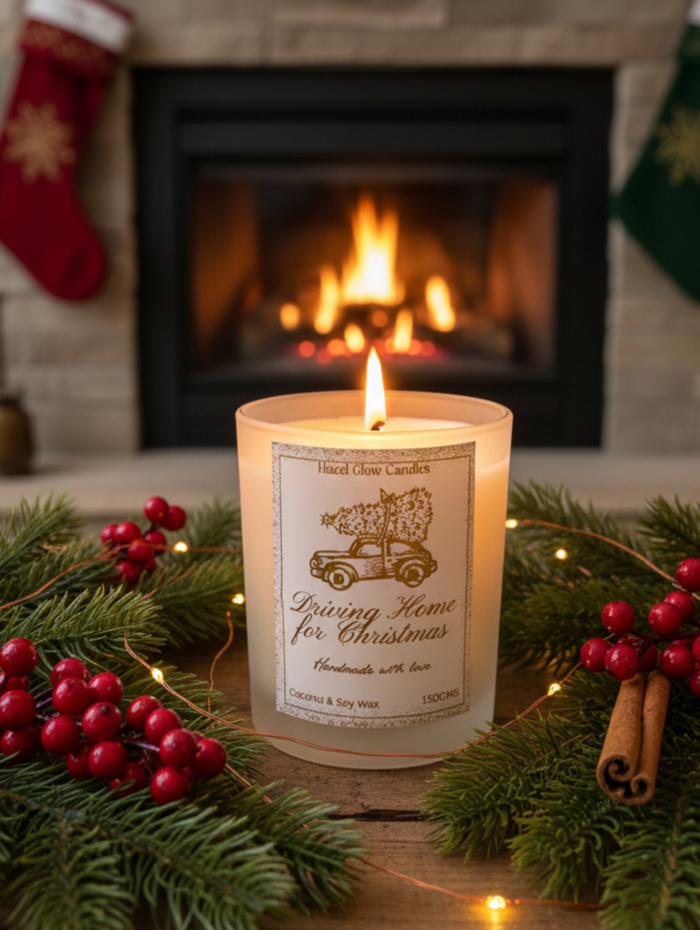 Christmas Candle in Frosted Glass - Driving Home for Christmas in Gold or Silver Foil label by Hazel Glow.  