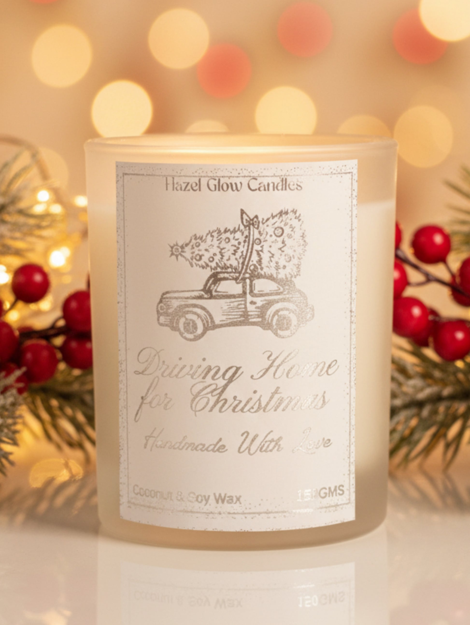 Driving Home For Christmas Frosted Christmas Candle with silver foiled label by Hazel Glow