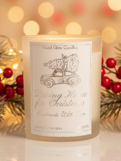 Driving Home For Christmas Frosted Christmas Candle with silver foiled label by Hazel Glow