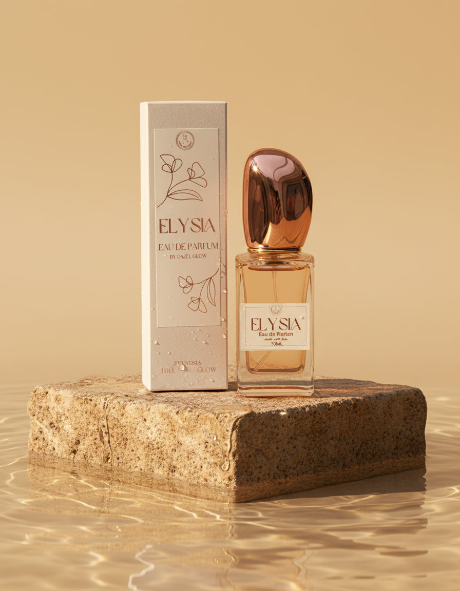 Elysia perfume bottle and packaging on a stone and water