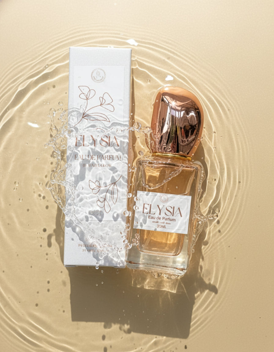 Elysia perfume bottle and packaging in water