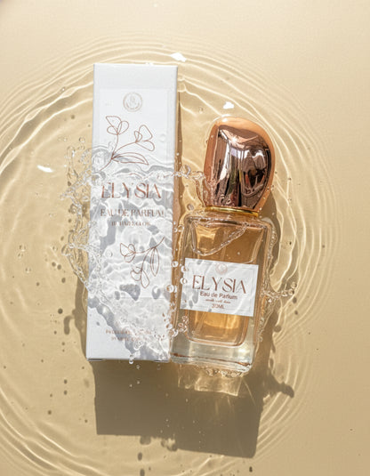 Elysia perfume bottle and packaging in water