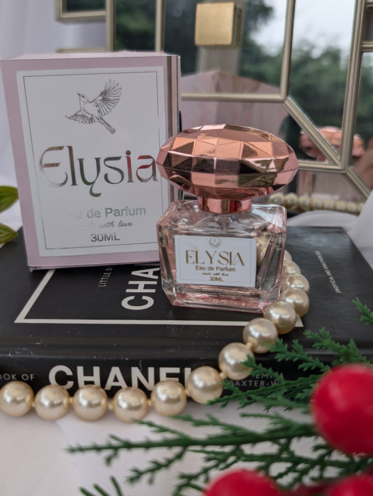 Elysia Vegan Fragrance - modern oriental, paraben free, cruelty free.  In a rose gold glass bottle