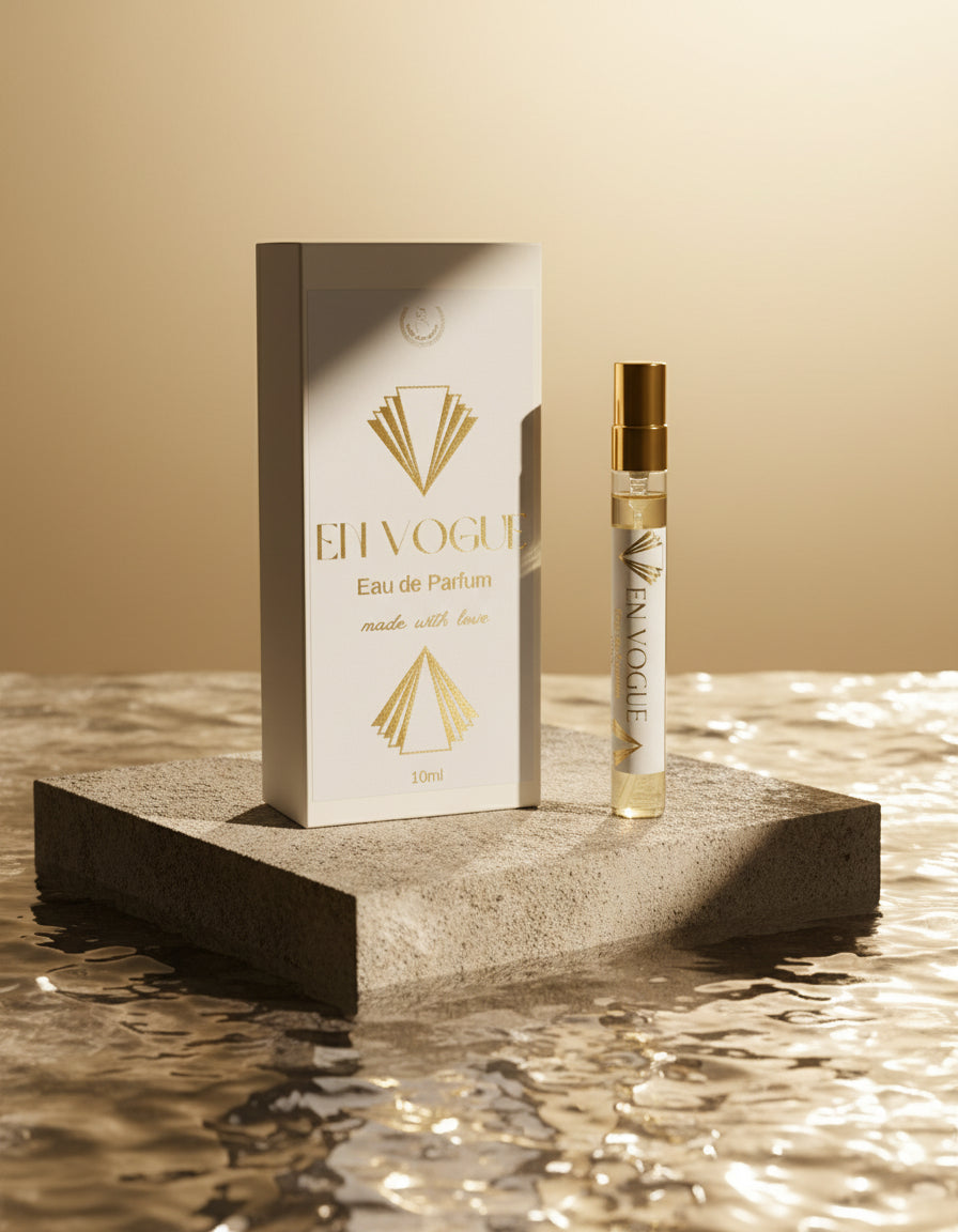 En Vogue vegan discovery size 10ml eau de parfum bottle and packaging on a stone plinth in water