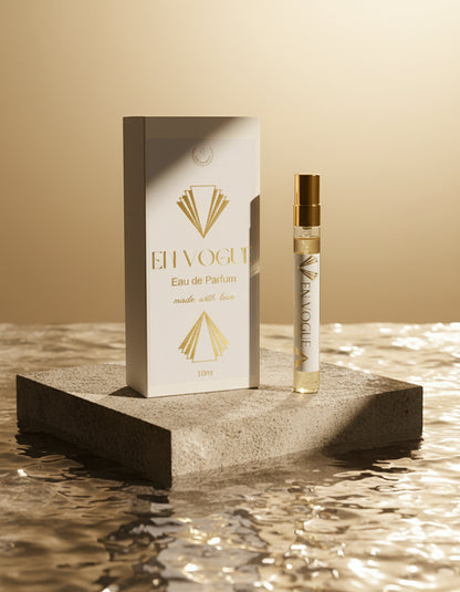 En Vogue vegan discovery size 10ml eau de parfum bottle and packaging on a stone plinth in water