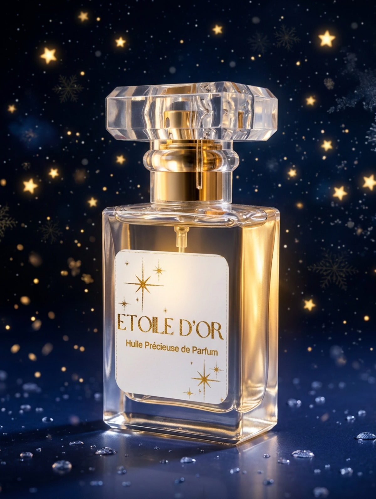 A 30ml spray perfume oil in clear glass perfume bottle with a gold spray nozzle and a clear faceted cap, featuring a white label with gold text that reads 'ETOILE D'OR' - Perfume oil by Hazel Glow