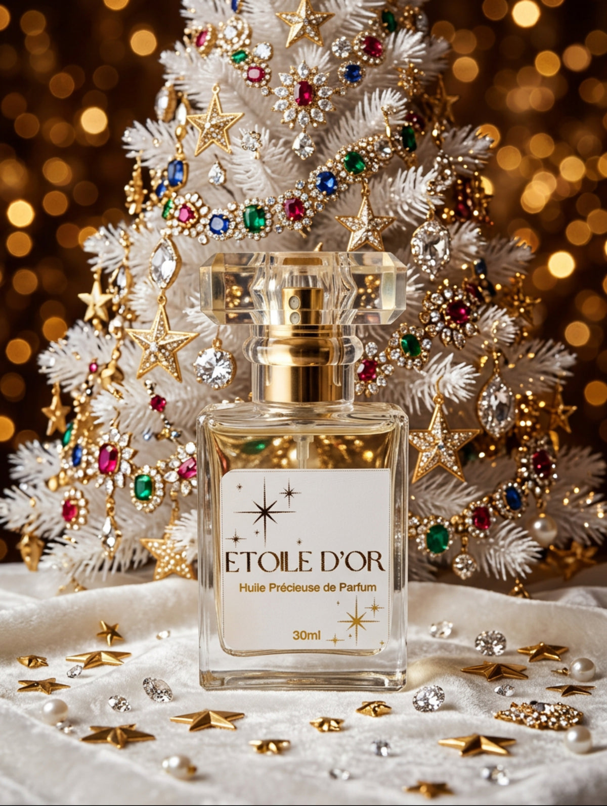 Luxury Perfume oil spray by Hazel Glow in Etoile D'Or fragrance.  Vegan, cruetly free and paraben free, made with non greasy fractionated coconut oil.  shown against a luxury bejewelled white Christmas tree