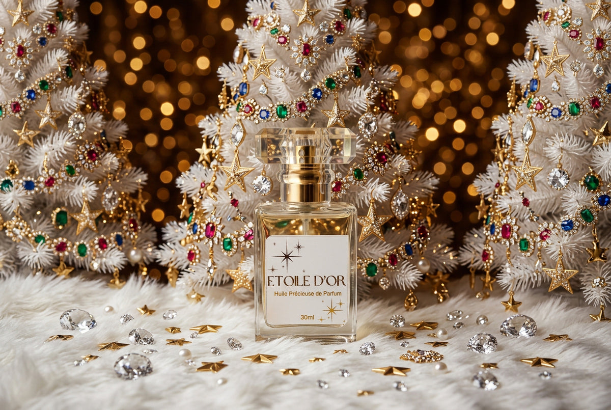 Etoile D'Or Luxury Perfume Spray Oil from Hazel Glow against a backdrop of luxury Christmas Trees white fur and jewels.  