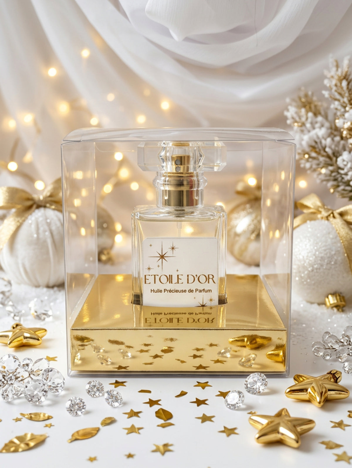 Etoile D'or luxury perfume spray oil in acetate box against a background of white and gold stars and Christmas decor