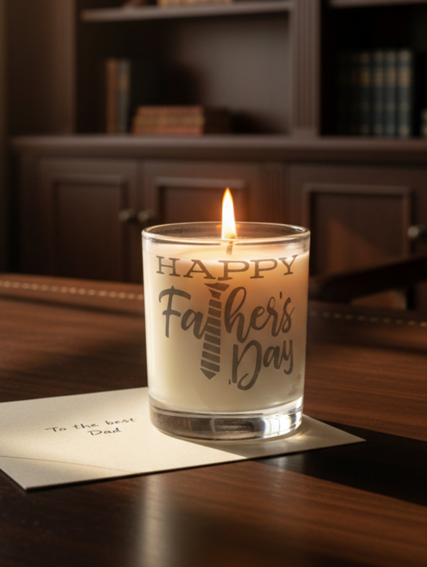 Personalised Gifts for Dad - hand etched happy father's day candle on a desk in a study - by Hazel Glow