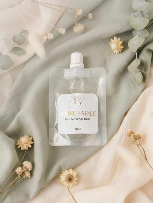 Femme Fatale vegan eau de parfum refill packaging on a sage green background with flowers