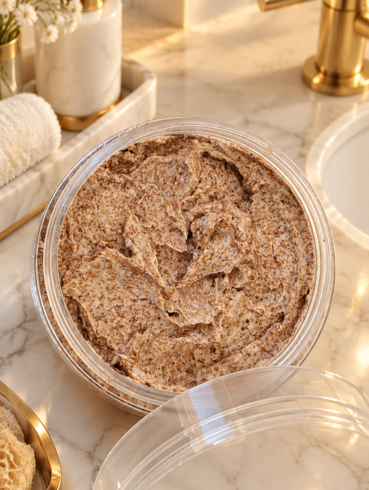 Open jar of Femme Fatale Face and Body Scrub with walnut shell by Hazel Glow