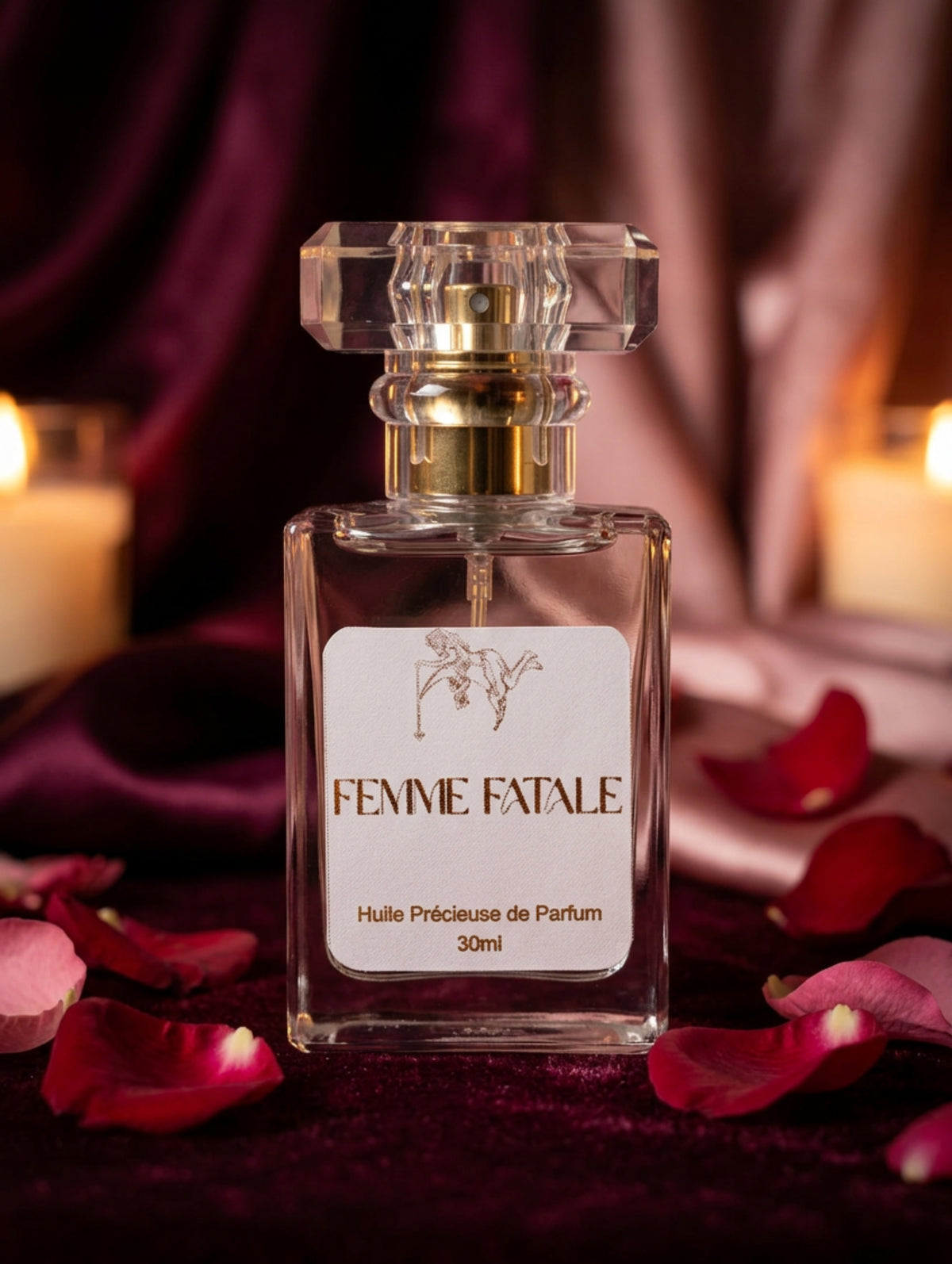 Perfume spray oil in luxury glass bottle with faceted lid, white label with gold foil detail.  Femme Fatale fragrance by Hazel Glow, vegan, paraben free, cruelty free and alcohol free.