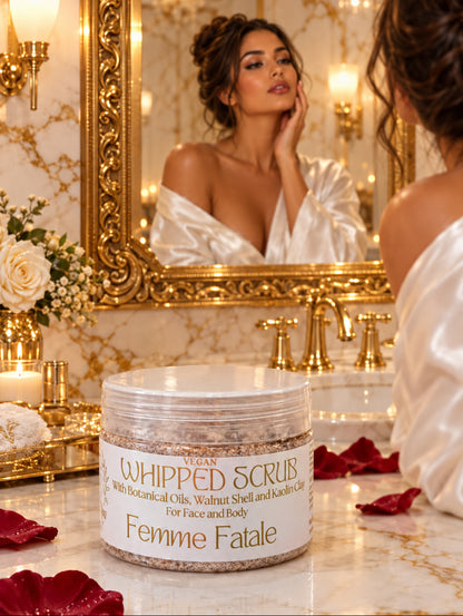 Femme Fatale Whipped Face and Body scrub with botanical oils and walnut shell by Hazel Glow - on a white marble surface in a luxury bathroom