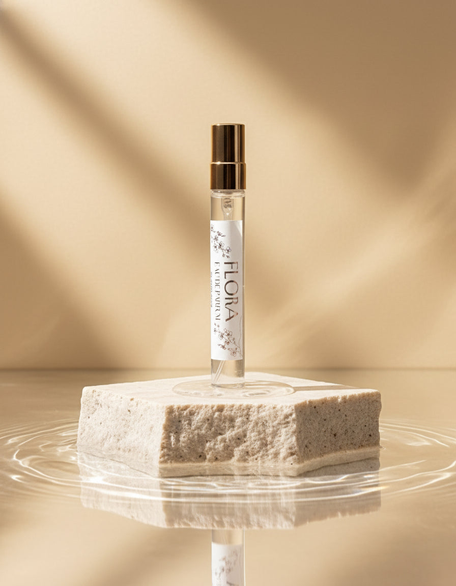 Flora vegan eau de parfum 10ml on a stone plinth