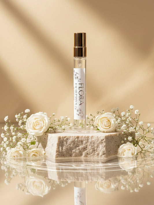 Flora vegan eau de parfum 10ml on a stone plinth - Discovery size bridal fragrance