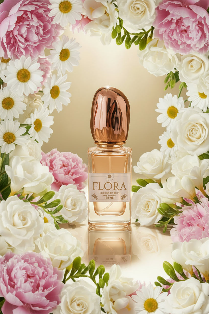 Perfume bottle labeled 'Flora' in splashing water