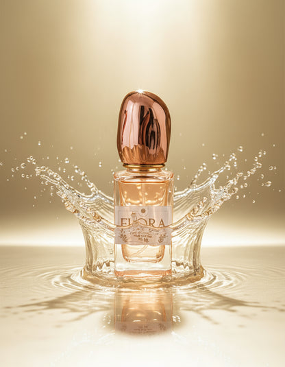 Perfume bottle labeled 'Flora' in splashing water