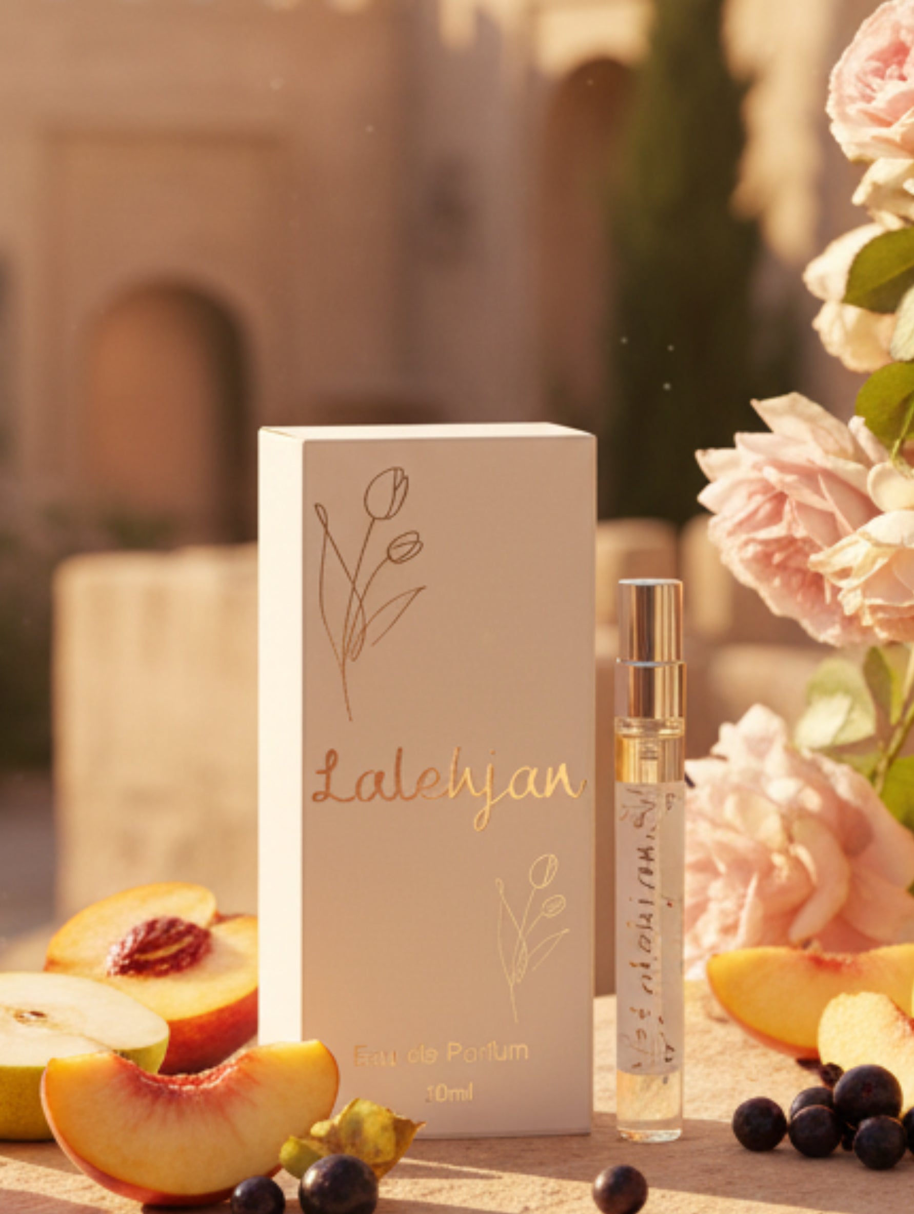 Floral Woody perfume, musk perfume, Lalehjan vegan perfume by Hazel Glow.  10ml discovery spray in white box with gold foil design