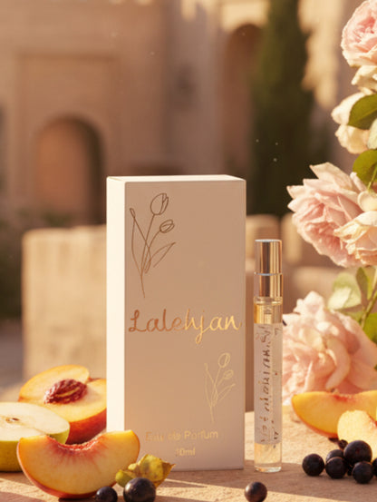Floral Woody perfume, musk perfume, Lalehjan vegan perfume by Hazel Glow.  10ml discovery spray in white box with gold foil design