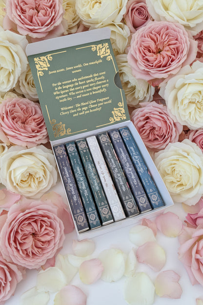 Hazel Glow Fragrance Library with lid open to show library book style perfumes inside