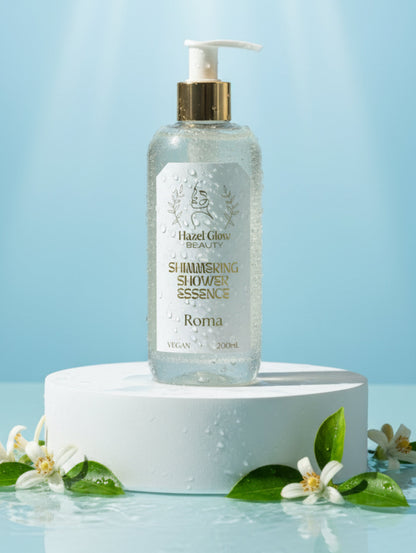 Glow Body Wash - Bottle of Hazel Glow Beauty Shimmering Shower Essence in Roma fragrance with flowers on a white background