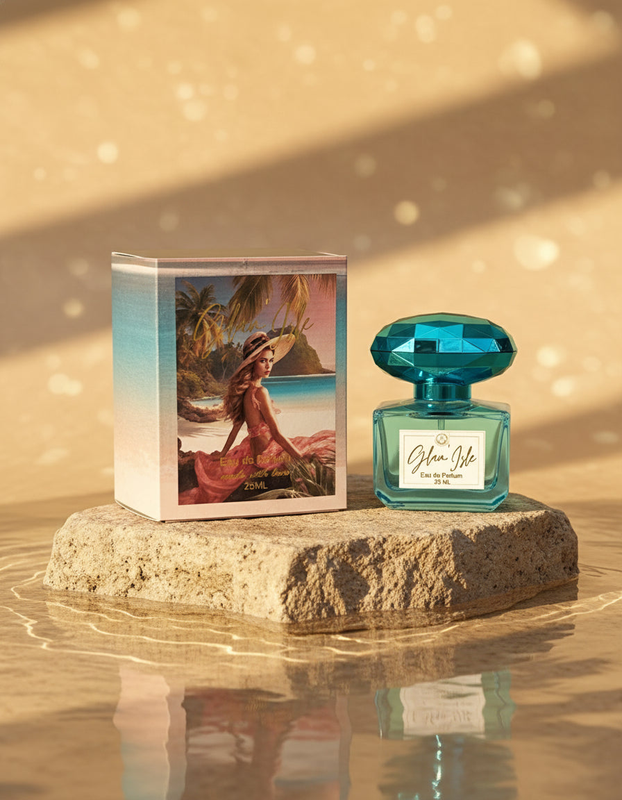 Glam'Isle Gourmand Perfume in a blue bottle with packaging box 