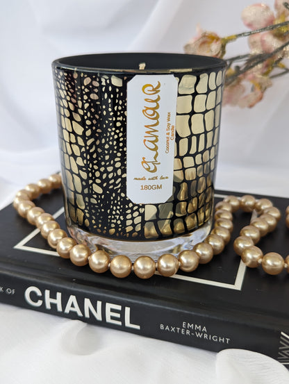 Luxury Candle in gold and black crocodile pattern container, with gold foiled Glamour label 