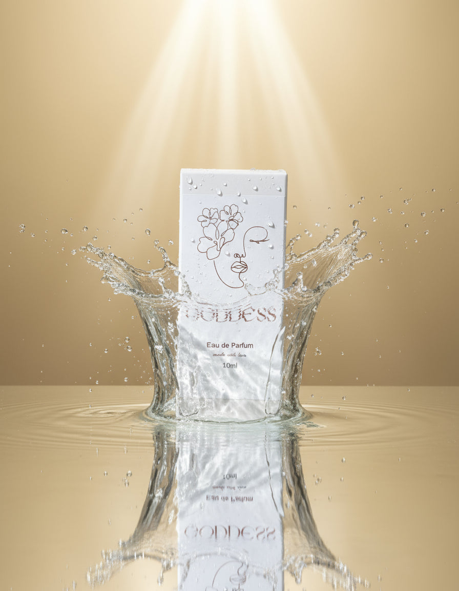 Goddess Eau de Parfum packaging on a decorative surface with golden background