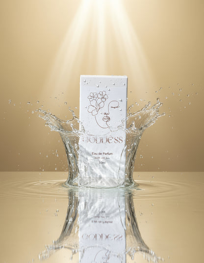 Goddess Eau de Parfum packaging on a decorative surface with golden background