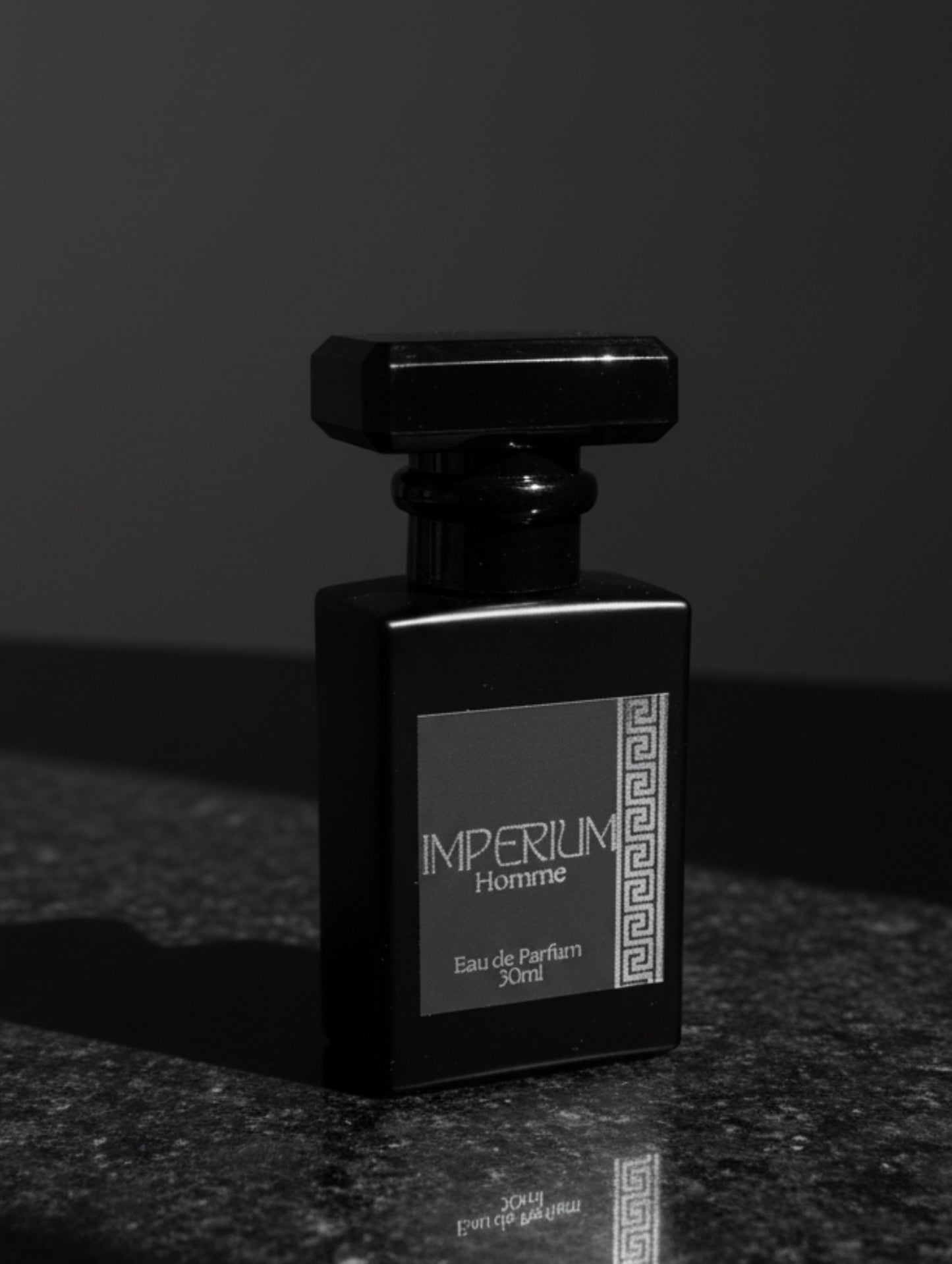 Vegan Men's Fragrance - Imperium by Hazel Glow.  Eau de parfum for men in black matt bottle with faceted top, black label with silver foil detail