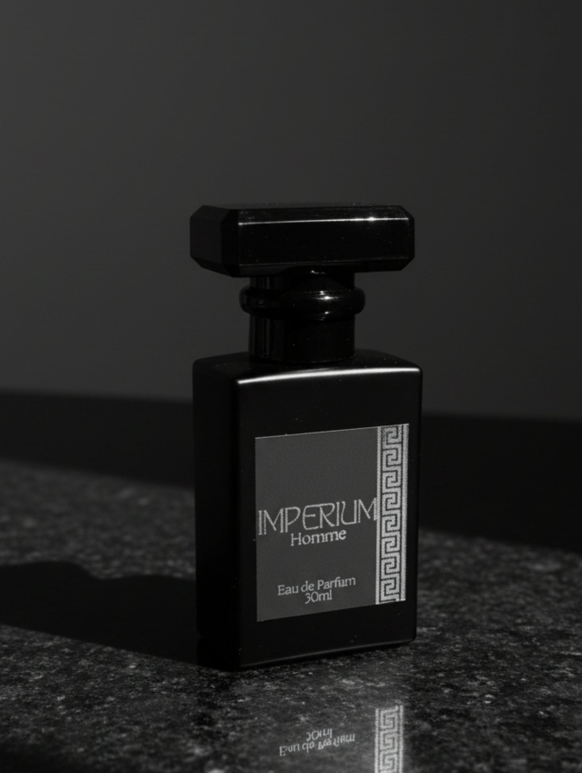 Vegan Men's Fragrance - Imperium by Hazel Glow.  Eau de parfum for men in black matt bottle with faceted top, black label with silver foil detail