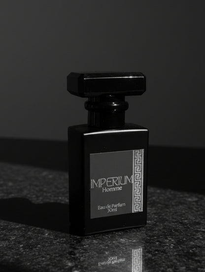 Vegan Men's Fragrance - Imperium by Hazel Glow.  Eau de parfum for men in black matt bottle with faceted top, black label with silver foil detail