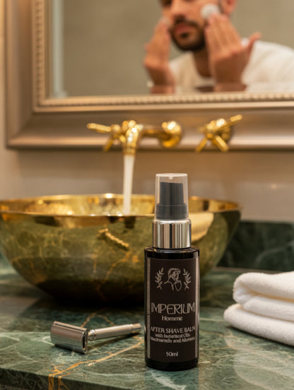 50ml Post Shave Balm - Imperium by Hazel Glow.  Black bottle with black label and silver foil detail

